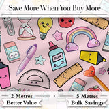 School Supplies Pink Background Rainbow Apple Glue Pen Ruler Seamless Pattern Digital Print Fabric by the Metre UK Sewing Quilting Textile