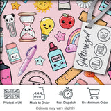 School Supplies Pink Background Rainbow Apple Glue Pen Ruler Seamless Pattern Digital Print Fabric by the Metre UK Sewing Quilting Textile