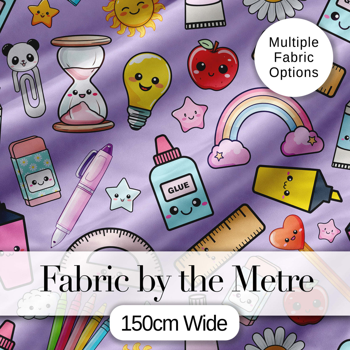 School Supplies Purple Background Rainbow Apple Glue Pen Ruler Seamless Pattern Digital Print Fabric by the Metre UK Sewing Quilting Textile