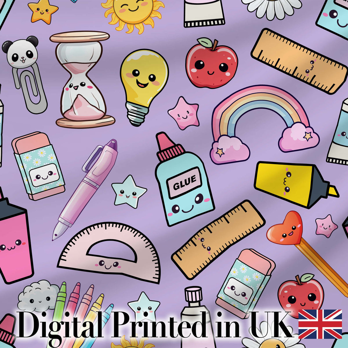 School Supplies Purple Background Rainbow Apple Glue Pen Ruler Seamless Pattern Digital Print Fabric by the Metre UK Sewing Quilting Textile