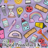 School Supplies Purple Background Rainbow Apple Glue Pen Ruler Seamless Pattern Digital Print Fabric by the Metre UK Sewing Quilting Textile