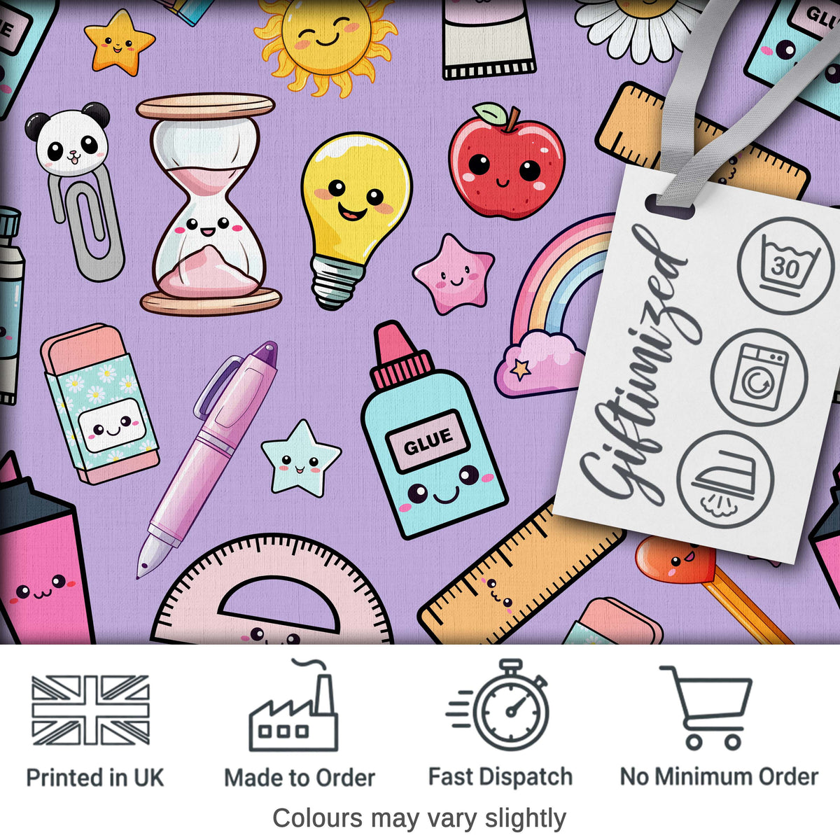 School Supplies Purple Background Rainbow Apple Glue Pen Ruler Seamless Pattern Digital Print Fabric by the Metre UK Sewing Quilting Textile