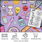 School Supplies Purple Background Rainbow Apple Glue Pen Ruler Seamless Pattern Digital Print Fabric by the Metre UK Sewing Quilting Textile