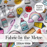 Cute Kawaii Creative School Supplies Mixed  Fun Seamless Pattern Digital Print Fabric by the Metre UK Sewing Quilting Textile