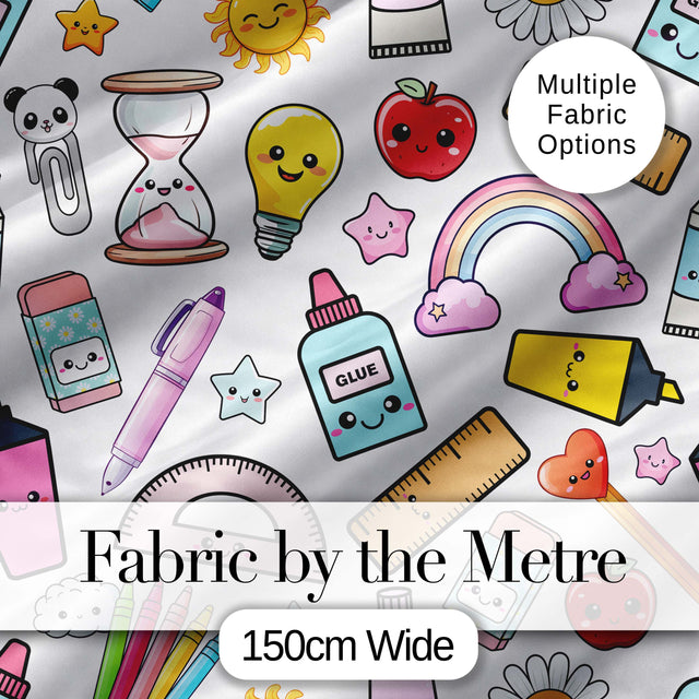 Cute Kawaii Creative School Supplies Mixed  Fun Seamless Pattern Digital Print Fabric by the Metre UK Sewing Quilting Textile