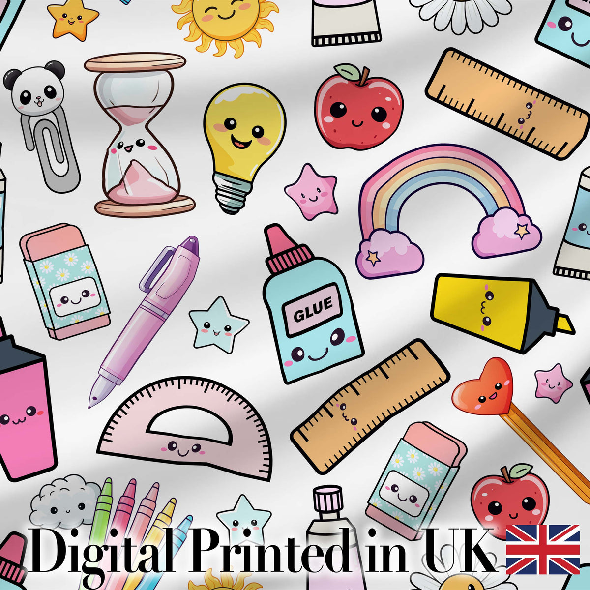Cute Kawaii Creative School Supplies Mixed  Fun Seamless Pattern Digital Print Fabric by the Metre UK Sewing Quilting Textile