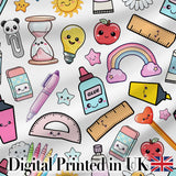 Cute Kawaii Creative School Supplies Mixed  Fun Seamless Pattern Digital Print Fabric by the Metre UK Sewing Quilting Textile