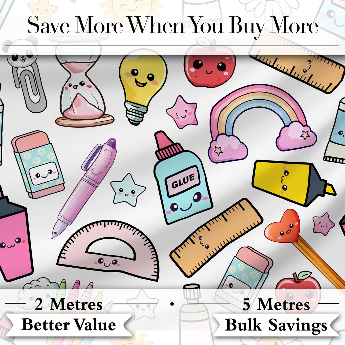 Cute Kawaii Creative School Supplies Mixed  Fun Seamless Pattern Digital Print Fabric by the Metre UK Sewing Quilting Textile