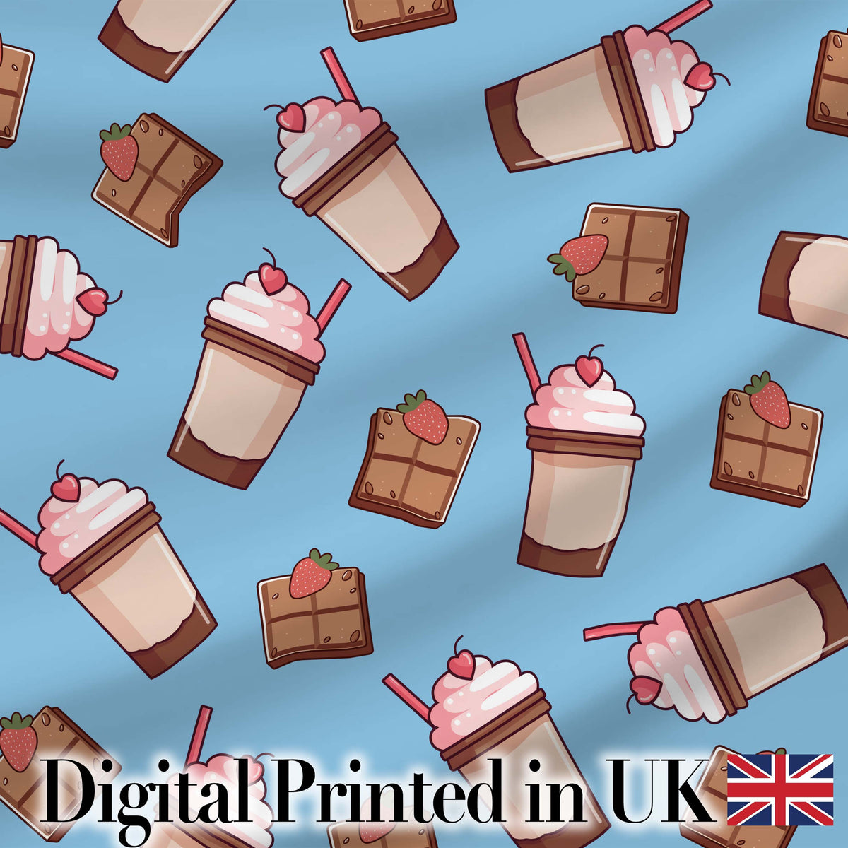 Cute Chocolate Milkshake Blue Background Sweet Drink Seamless Pattern Digital Print Fabric by the Metre UK Sewing Quilting Textile