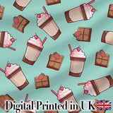 Cute Chocolate Milkshake Mint Background Sweet Drink Seamless Pattern Digital Print Fabric by the Metre UK Sewing Quilting Textile