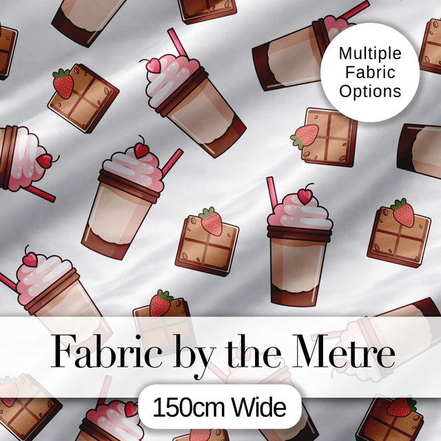 Cute Chocolate Milkshake Light Grey Background Sweet Drink Seamless Pattern Digital Print Fabric by the Metre UK Sewing Quilting Textile