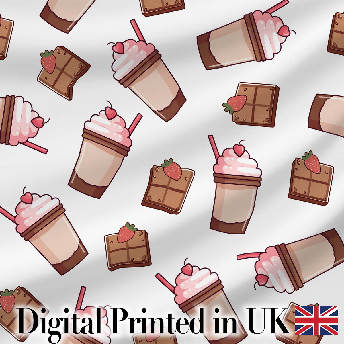 Cute Chocolate Milkshake Light Grey Background Sweet Drink Seamless Pattern Digital Print Fabric by the Metre UK Sewing Quilting Textile