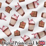 Cute Chocolate Milkshake Light Grey Background Sweet Drink Seamless Pattern Digital Print Fabric by the Metre UK Sewing Quilting Textile