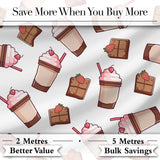 Cute Chocolate Milkshake Light Grey Background Sweet Drink Seamless Pattern Digital Print Fabric by the Metre UK Sewing Quilting Textile