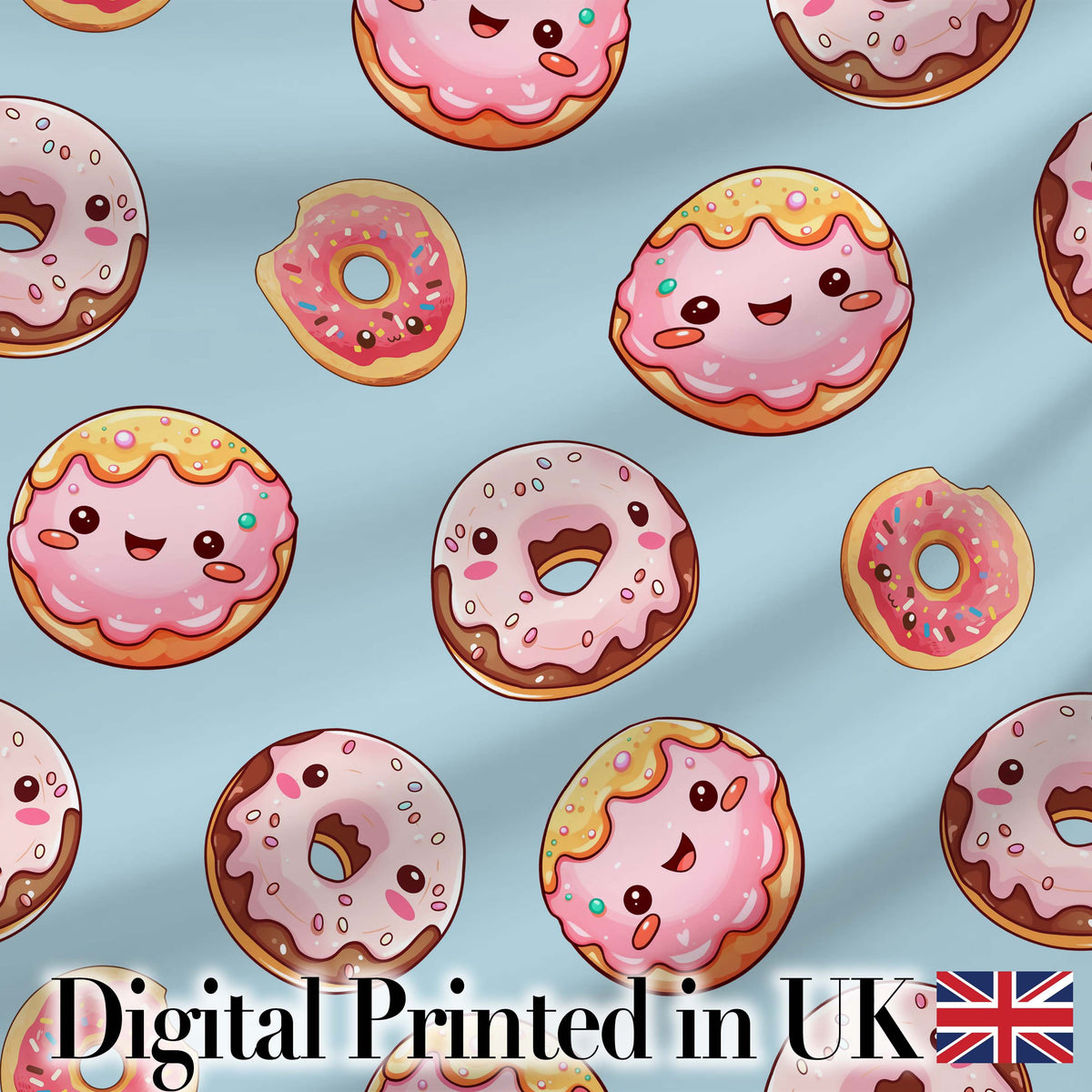 Cute Kawaii Donuts Sky Blue Frosted Sweet Dessert Seamless Pattern Digital Print Fabric by the Metre UK Sewing Quilting Textile