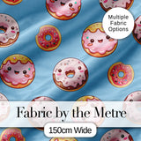 Cute Kawaii Donuts Blue Background Sweet Dessert Seamless Pattern Digital Print Fabric by the Metre UK Sewing Quilting Textile