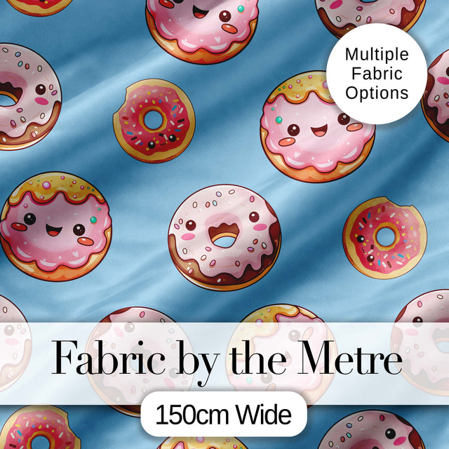 Cute Kawaii Donuts Blue Background Sweet Dessert Seamless Pattern Digital Print Fabric by the Metre UK Sewing Quilting Textile