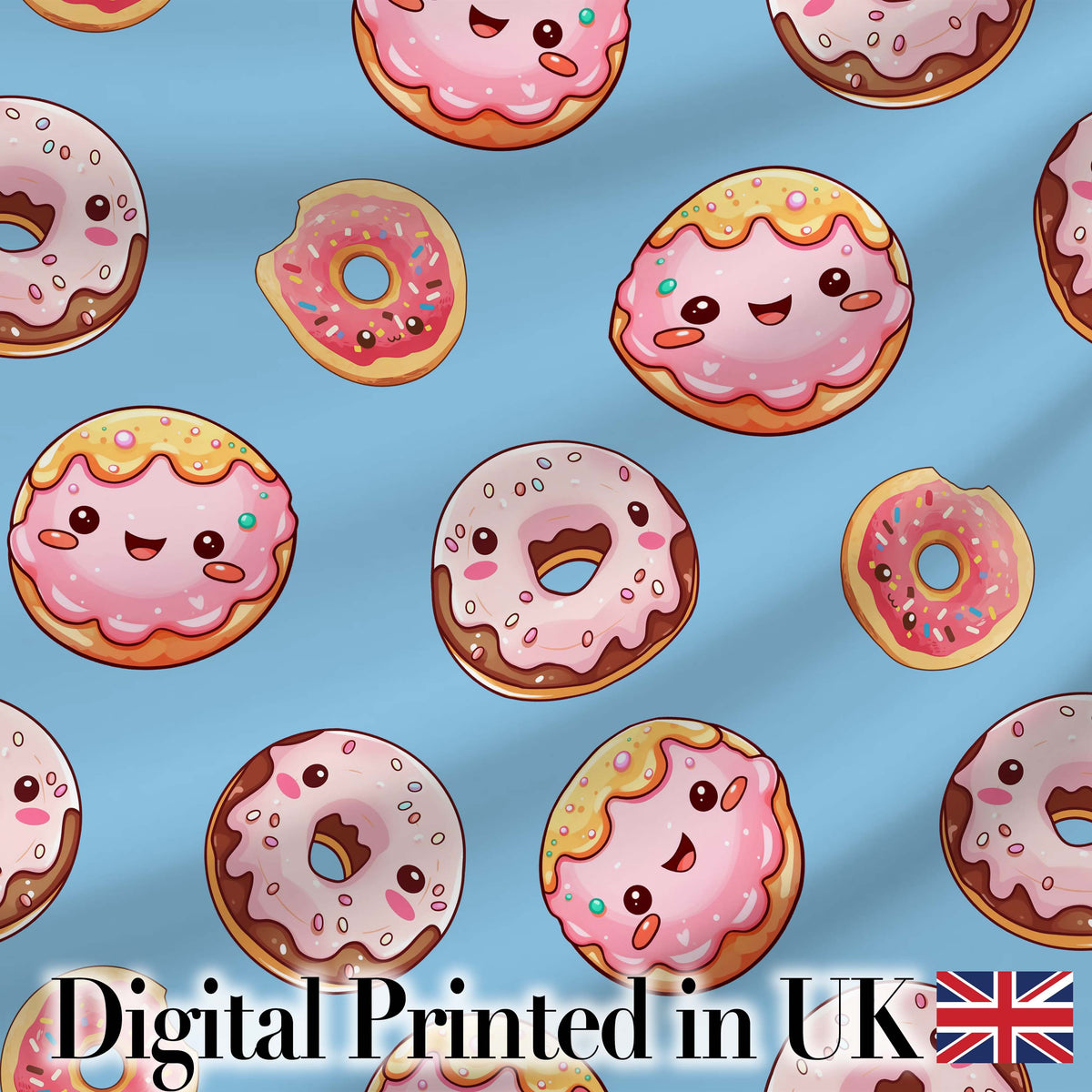 Cute Kawaii Donuts Blue Background Sweet Dessert Seamless Pattern Digital Print Fabric by the Metre UK Sewing Quilting Textile