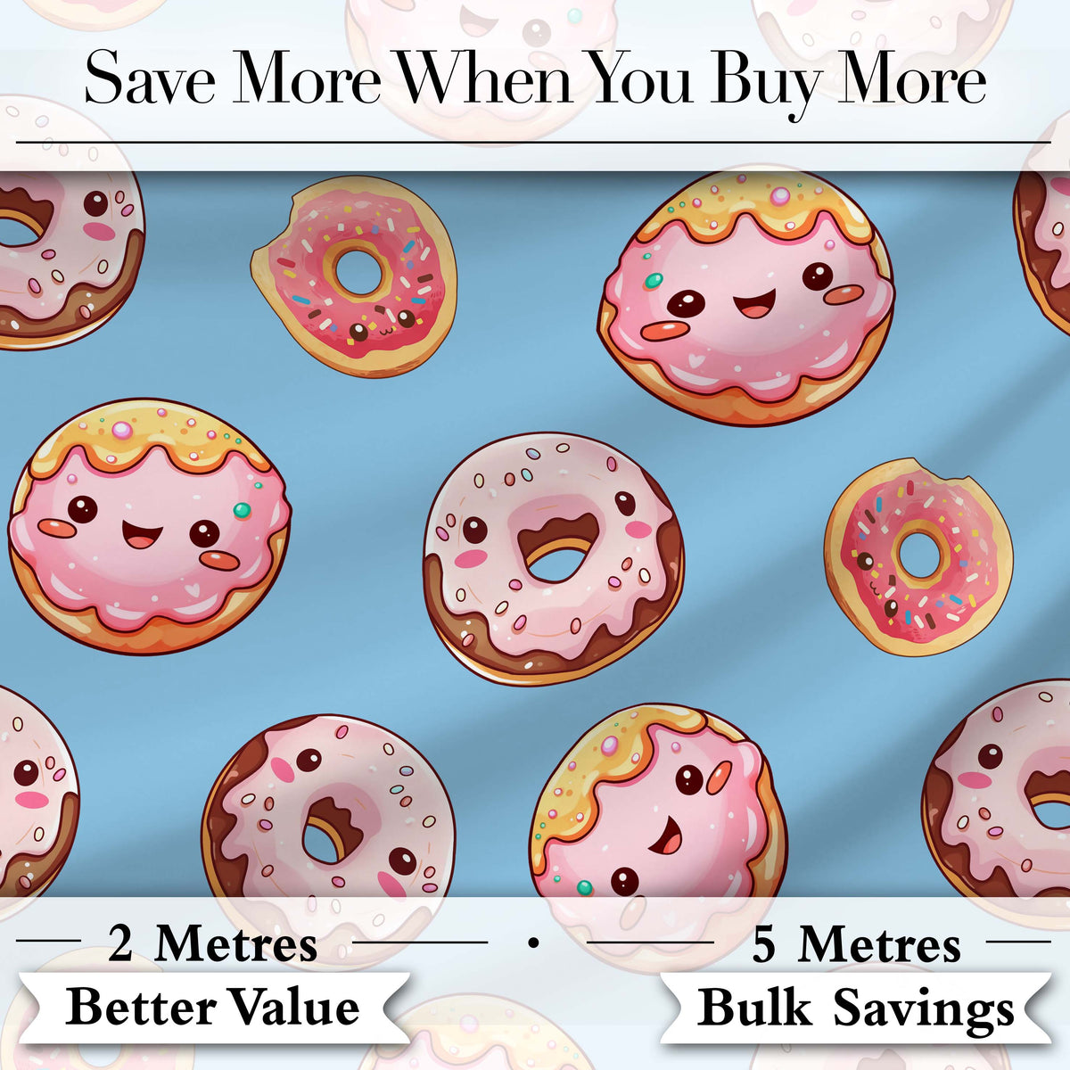 Cute Kawaii Donuts Blue Background Sweet Dessert Seamless Pattern Digital Print Fabric by the Metre UK Sewing Quilting Textile