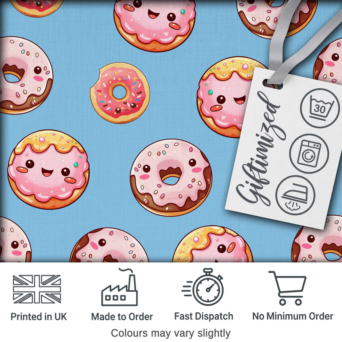 Cute Kawaii Donuts Blue Background Sweet Dessert Seamless Pattern Digital Print Fabric by the Metre UK Sewing Quilting Textile