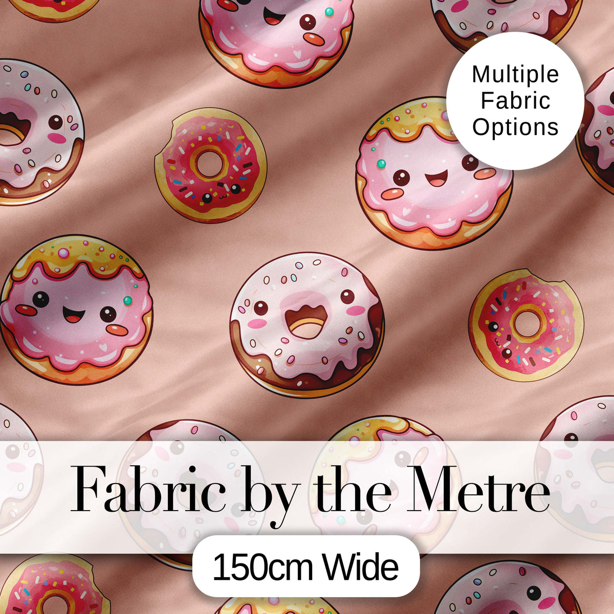 Cute Kawaii Donuts Peach Background Sweet Dessert Seamless Pattern Digital Print Fabric by the Metre UK Sewing Quilting Textile