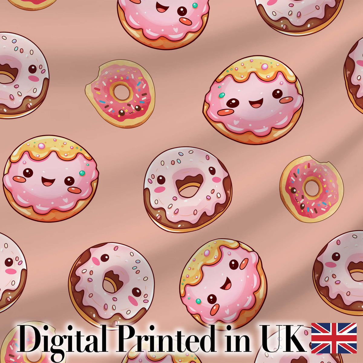 Cute Kawaii Donuts Peach Background Sweet Dessert Seamless Pattern Digital Print Fabric by the Metre UK Sewing Quilting Textile