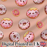 Cute Kawaii Donuts Peach Background Sweet Dessert Seamless Pattern Digital Print Fabric by the Metre UK Sewing Quilting Textile
