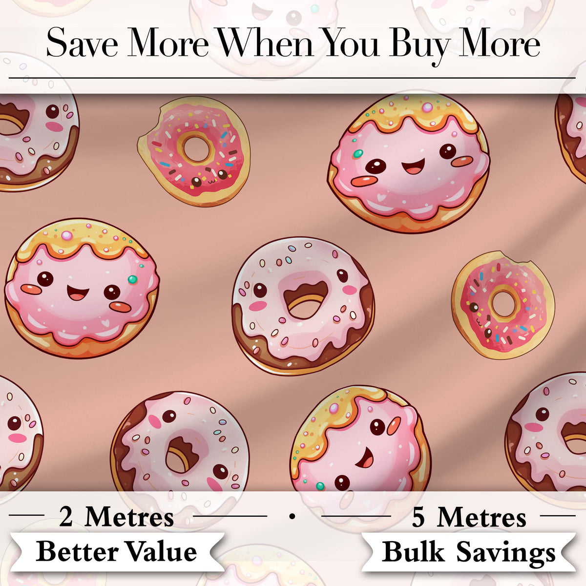 Cute Kawaii Donuts Peach Background Sweet Dessert Seamless Pattern Digital Print Fabric by the Metre UK Sewing Quilting Textile