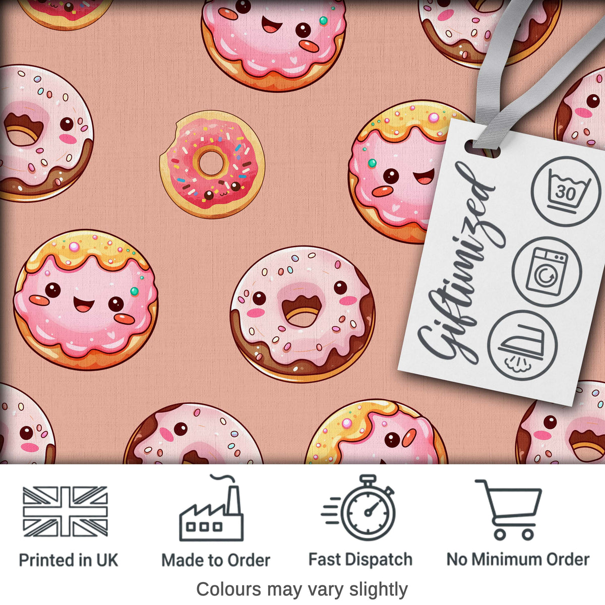 Cute Kawaii Donuts Peach Background Sweet Dessert Seamless Pattern Digital Print Fabric by the Metre UK Sewing Quilting Textile