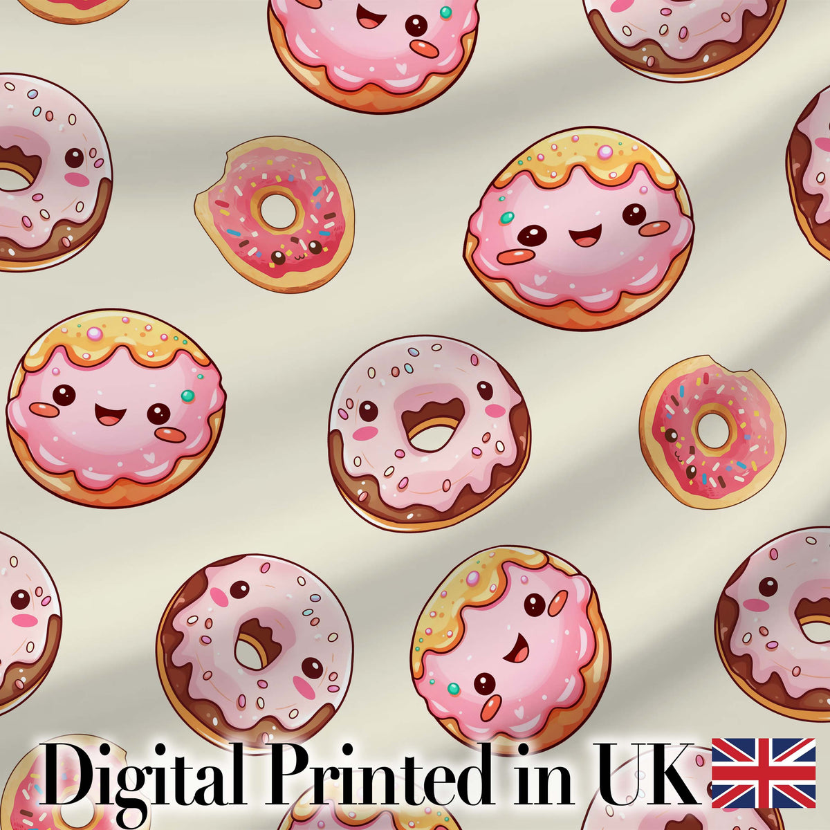 Cute Kawaii Donuts Cream Background Sweet Dessert Seamless Pattern Digital Print Fabric by the Metre UK Sewing Quilting Textile