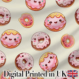 Cute Kawaii Donuts Cream Background Sweet Dessert Seamless Pattern Digital Print Fabric by the Metre UK Sewing Quilting Textile