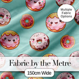 Cute Kawaii Donuts Mint Background Sweet Dessert Seamless Pattern Digital Print Fabric by the Metre UK Sewing Quilting Textile