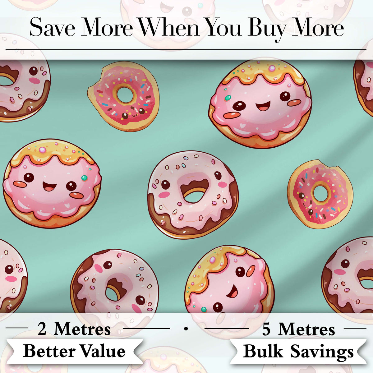 Cute Kawaii Donuts Mint Background Sweet Dessert Seamless Pattern Digital Print Fabric by the Metre UK Sewing Quilting Textile