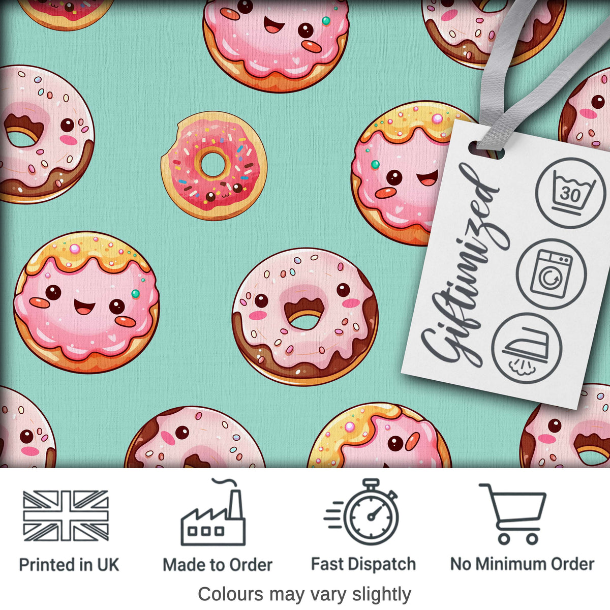 Cute Kawaii Donuts Mint Background Sweet Dessert Seamless Pattern Digital Print Fabric by the Metre UK Sewing Quilting Textile