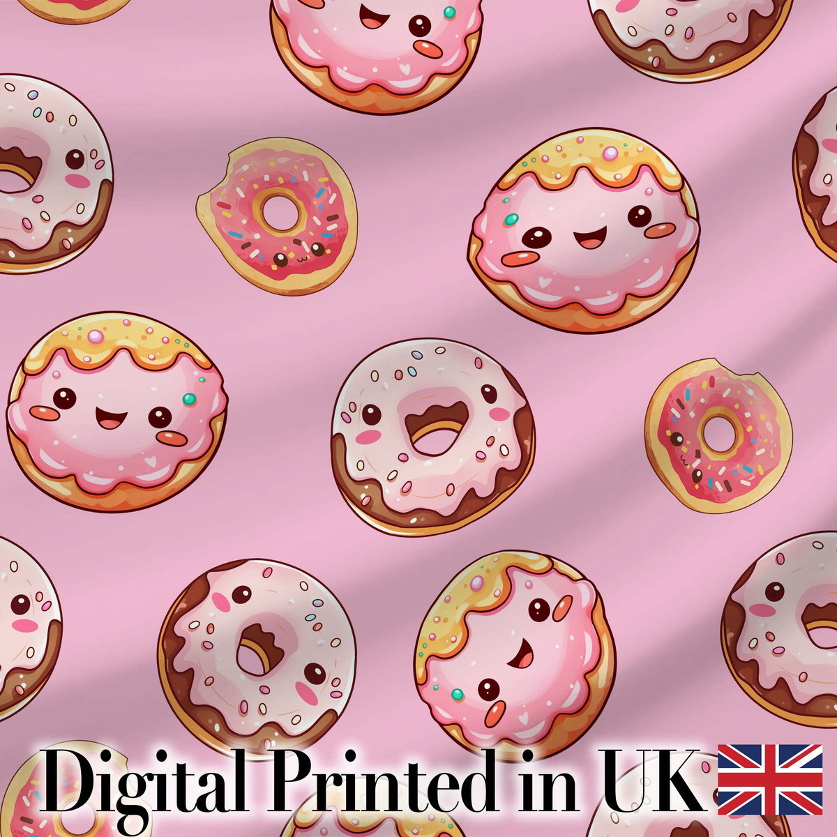 Cute Kawaii Donuts Pink Background Sweet Dessert Seamless Pattern Digital Print Fabric by the Metre UK Sewing Quilting Textile
