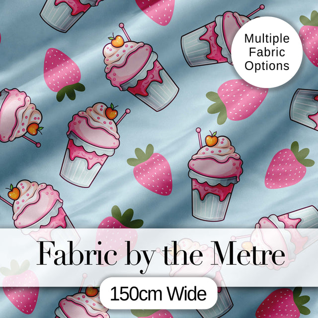 Cute Strawberry Milkshake Cupcake Dessert Seamless Pattern Digital Print Fabric by the Metre UK Sewing Quilting Textile