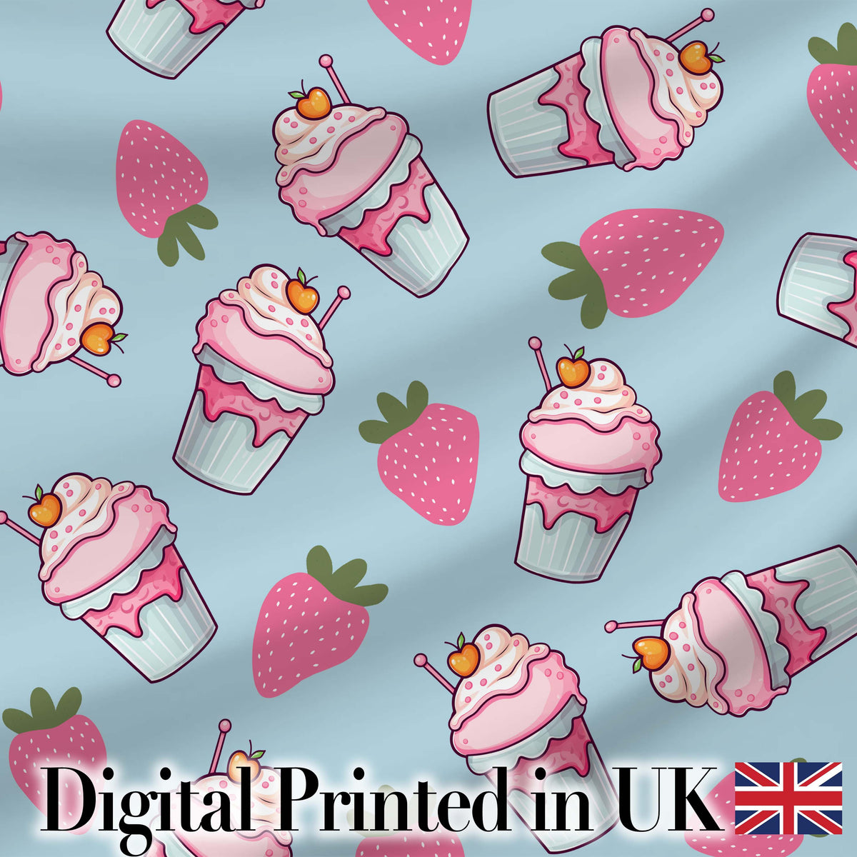 Cute Strawberry Milkshake Cupcake Dessert Seamless Pattern Digital Print Fabric by the Metre UK Sewing Quilting Textile