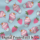 Cute Strawberry Milkshake Cupcake Dessert Seamless Pattern Digital Print Fabric by the Metre UK Sewing Quilting Textile