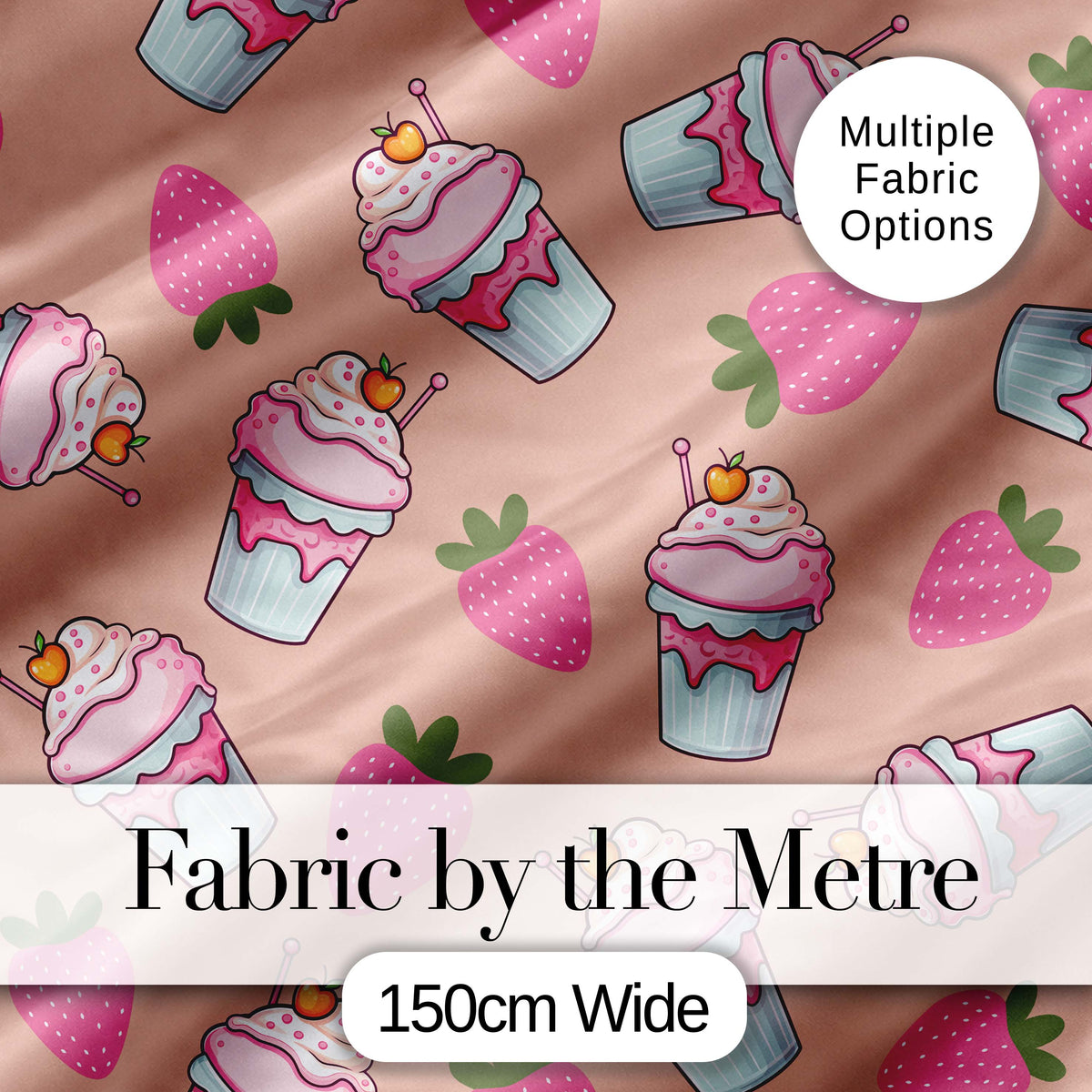 Cute Strawberry Milkshake Cupcake Peach Background Seamless Pattern Digital Print Fabric by the Metre UK Sewing Quilting Textile