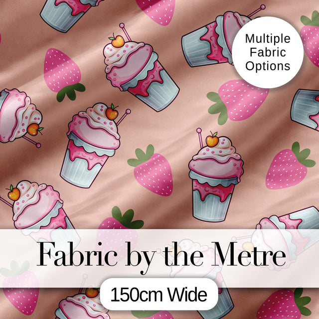 Cute Strawberry Milkshake Cupcake Peach Background Seamless Pattern Digital Print Fabric by the Metre UK Sewing Quilting Textile