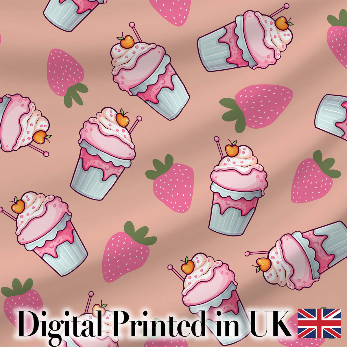 Cute Strawberry Milkshake Cupcake Peach Background Seamless Pattern Digital Print Fabric by the Metre UK Sewing Quilting Textile