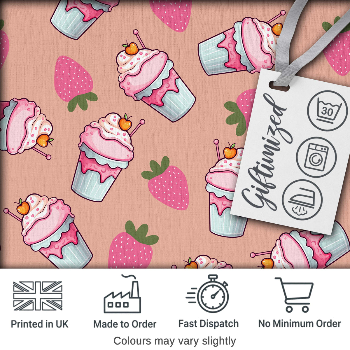 Cute Strawberry Milkshake Cupcake Peach Background Seamless Pattern Digital Print Fabric by the Metre UK Sewing Quilting Textile