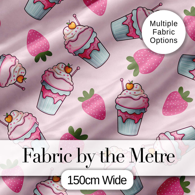 Cute Strawberry Milkshake Cupcake Blush Pink Background Seamless Pattern Digital Print Fabric by the Metre UK Sewing Quilting Textile