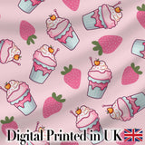 Cute Strawberry Milkshake Cupcake Blush Pink Background Seamless Pattern Digital Print Fabric by the Metre UK Sewing Quilting Textile