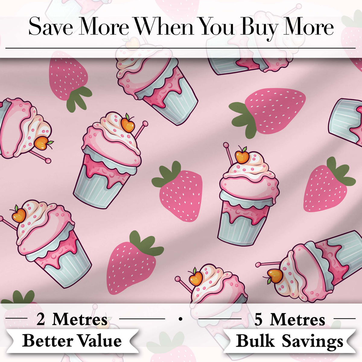 Cute Strawberry Milkshake Cupcake Blush Pink Background Seamless Pattern Digital Print Fabric by the Metre UK Sewing Quilting Textile