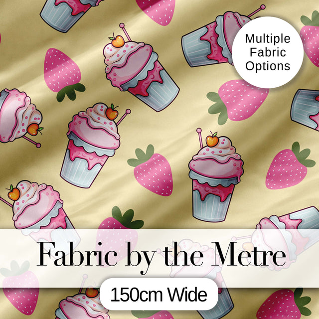 Cute Strawberry Milkshake Cupcake Yellow Background Seamless Pattern Digital Print Fabric by the Metre UK Sewing Quilting Textile