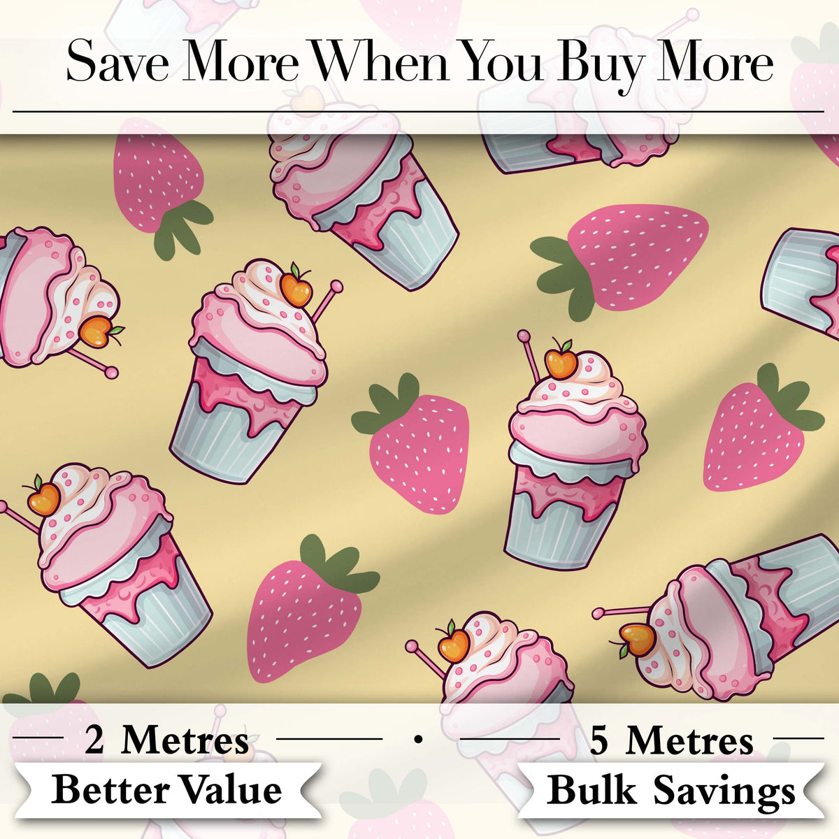 Cute Strawberry Milkshake Cupcake Yellow Background Seamless Pattern Digital Print Fabric by the Metre UK Sewing Quilting Textile
