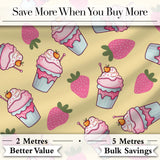 Cute Strawberry Milkshake Cupcake Yellow Background Seamless Pattern Digital Print Fabric by the Metre UK Sewing Quilting Textile