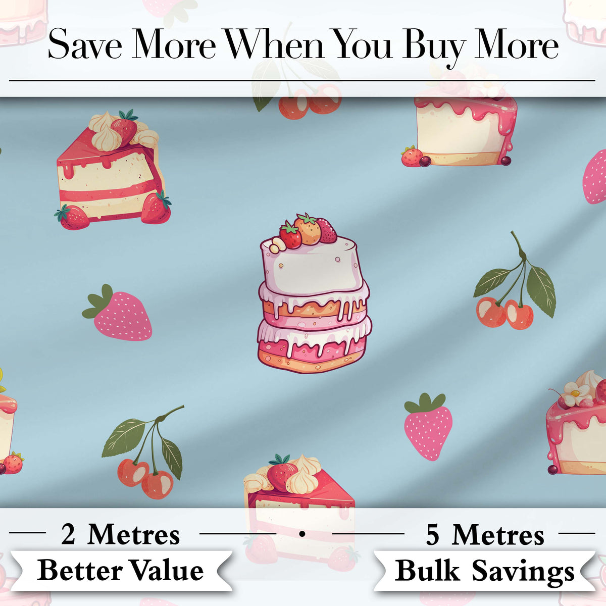 Cute Strawberry Cake Cherry Dessert Blue Background Seamless Pattern Digital Print Fabric by the Metre UK Sewing Quilting Textile