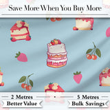 Cute Strawberry Cake Cherry Dessert Blue Background Seamless Pattern Digital Print Fabric by the Metre UK Sewing Quilting Textile